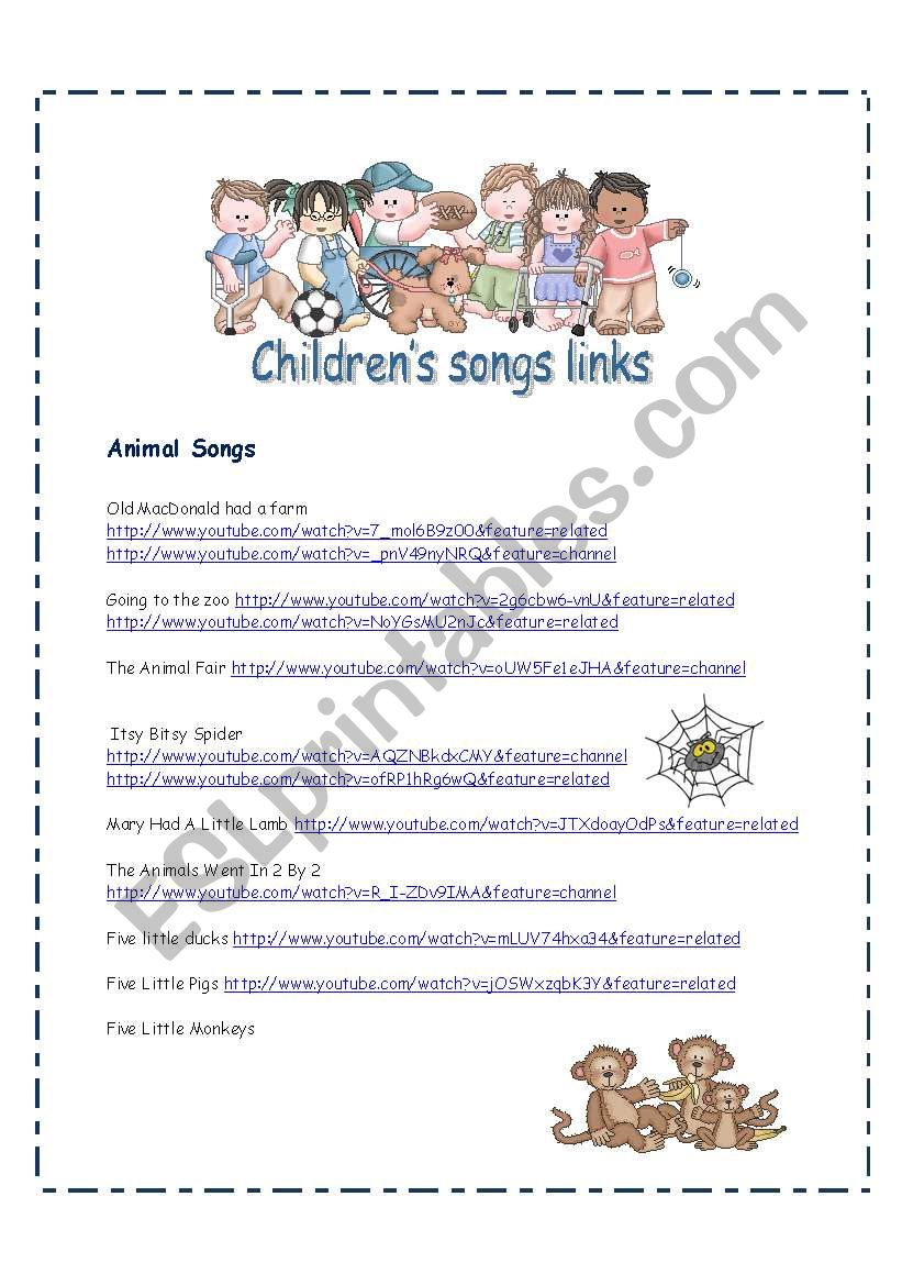 ChildrenÂ´s Songs Video Links worksheet