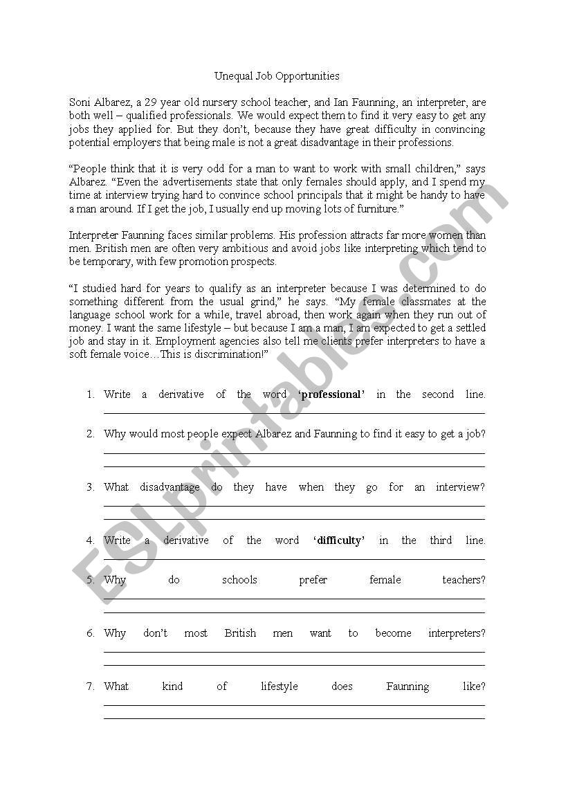 Job Opportunities worksheet