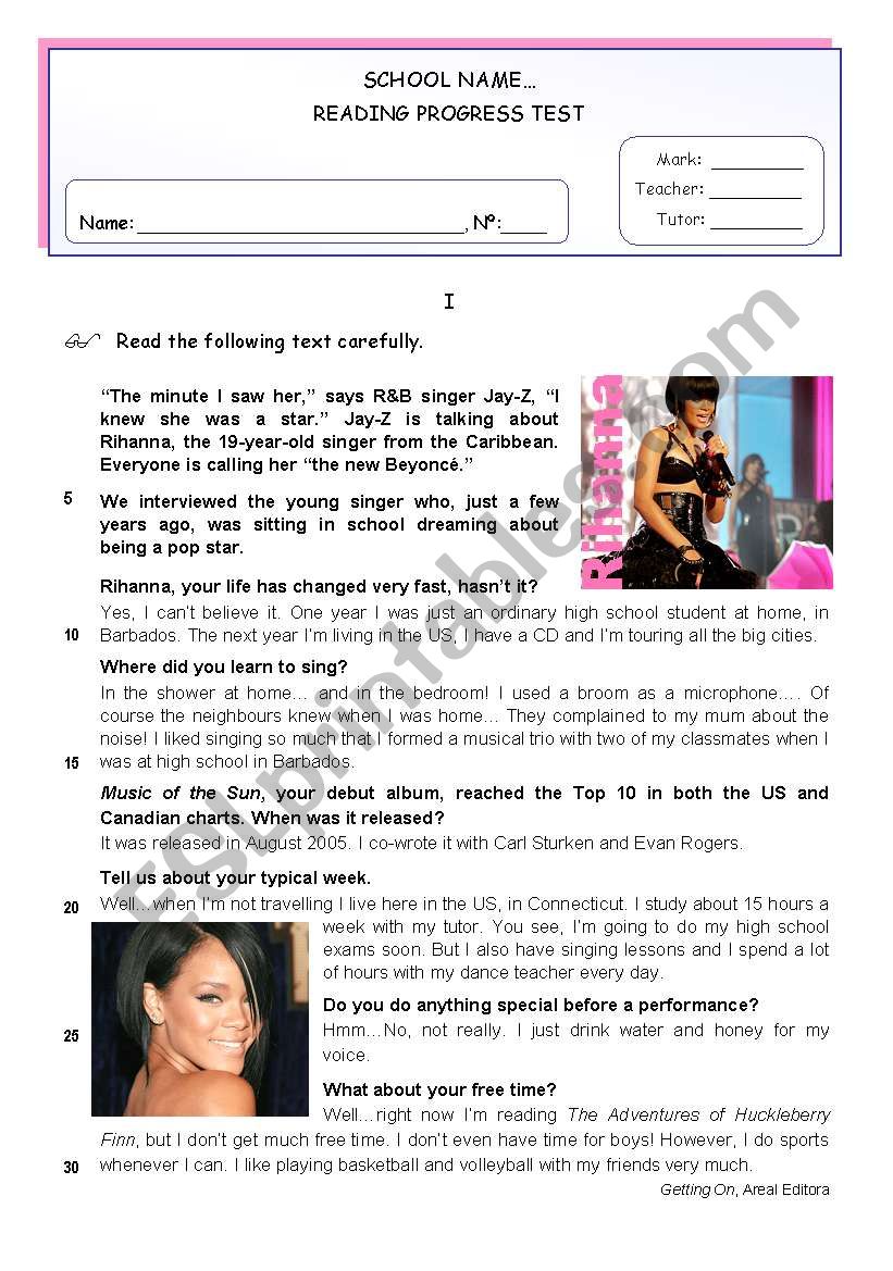 Rihanna - Reading Comprehension + Writing Test