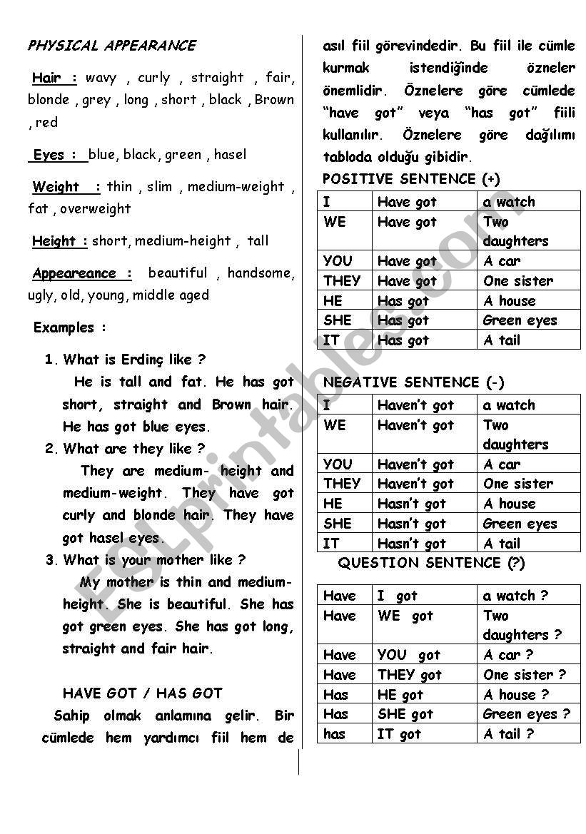 physical apperarance worksheet