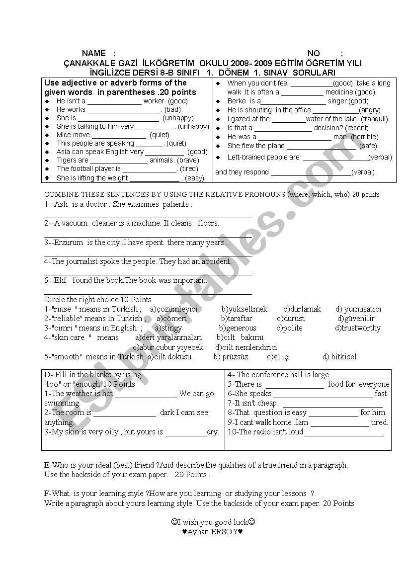 written examination worksheet