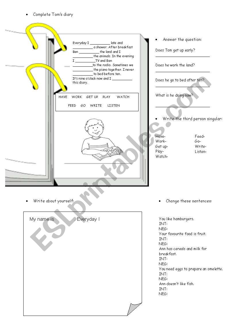 Toms diary worksheet