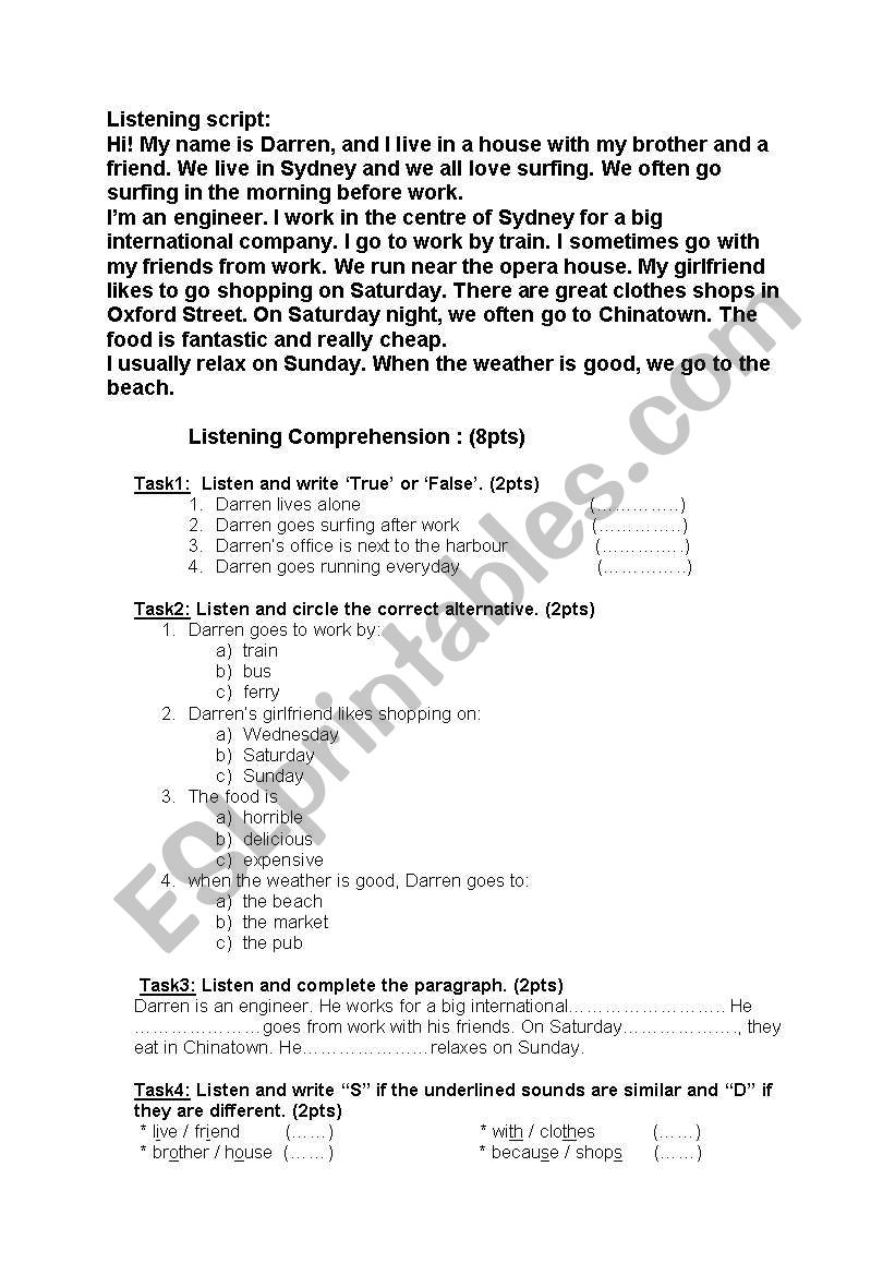 listening comprehension worksheet