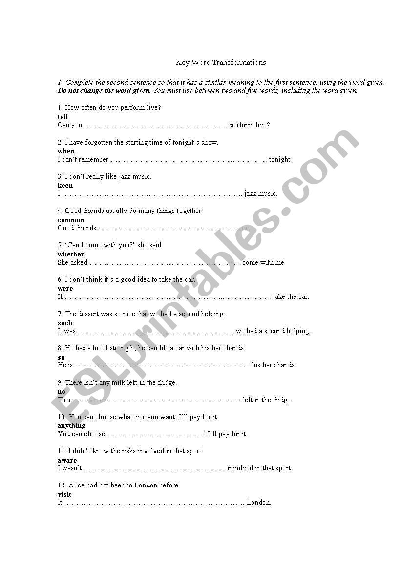 Key Word Transformation worksheet