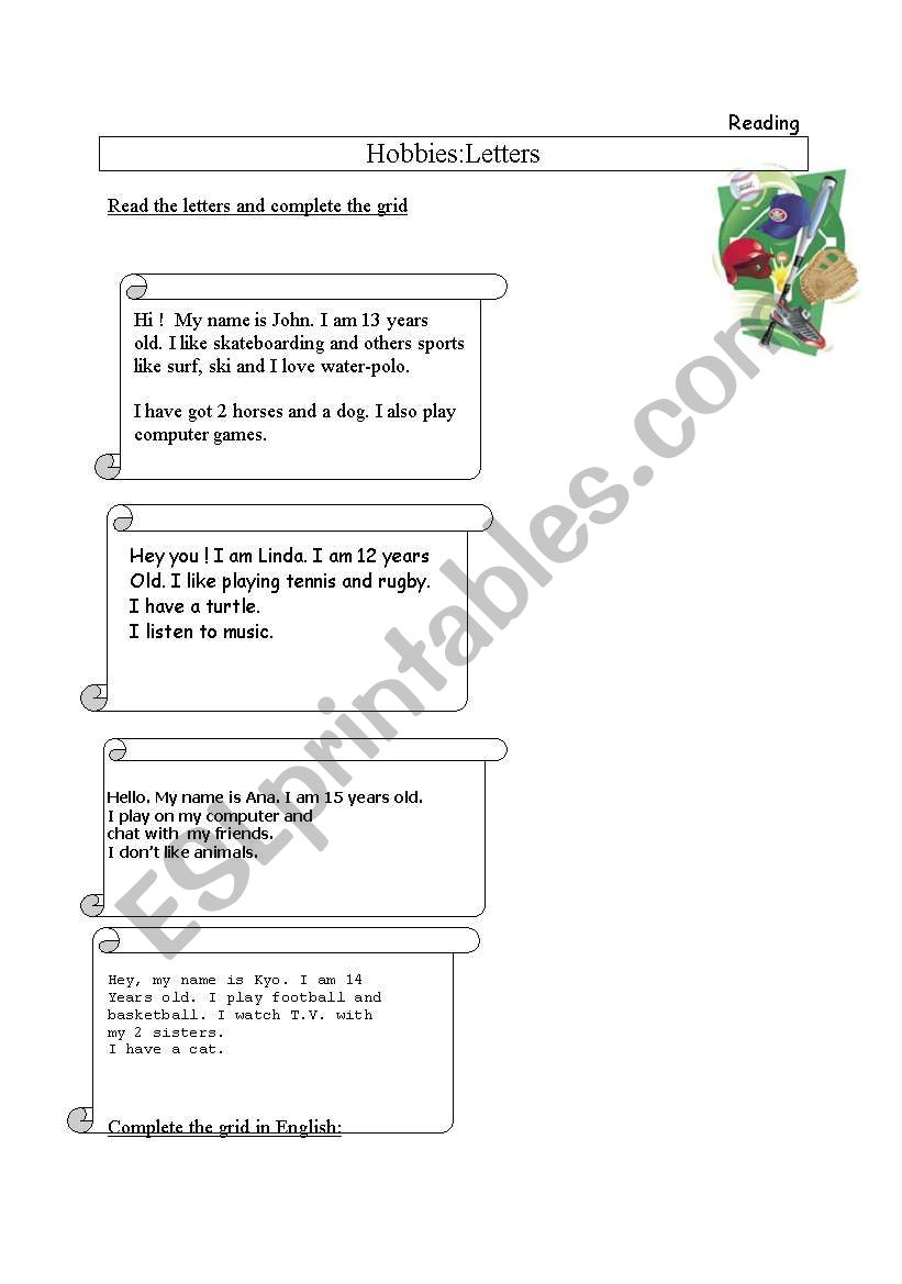 Hobbies : letters worksheet