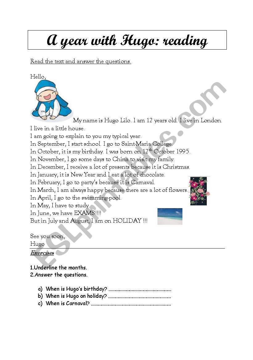 Reading activity ; months worksheet