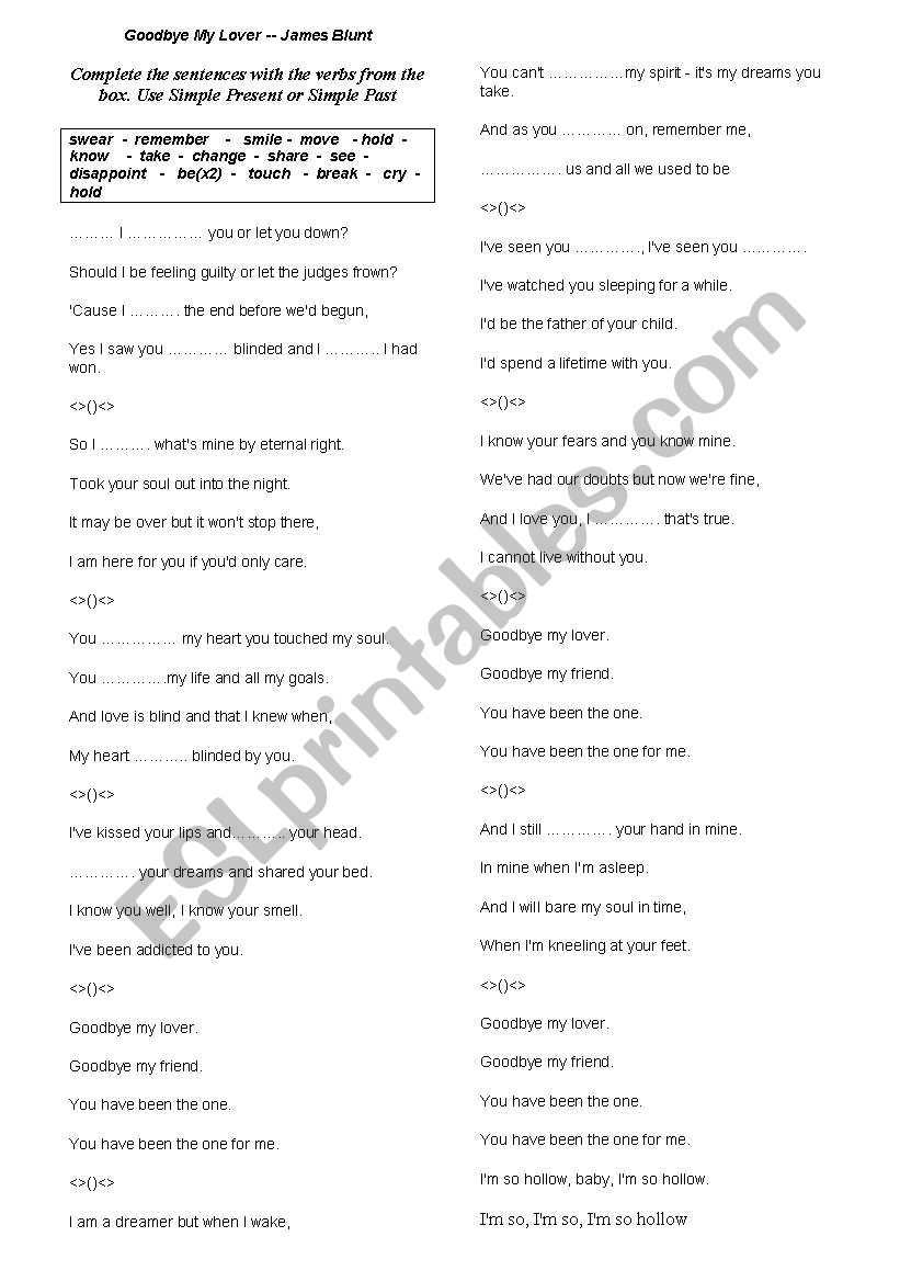 GOODBYE MY LOVER-JAMES BLUNT worksheet