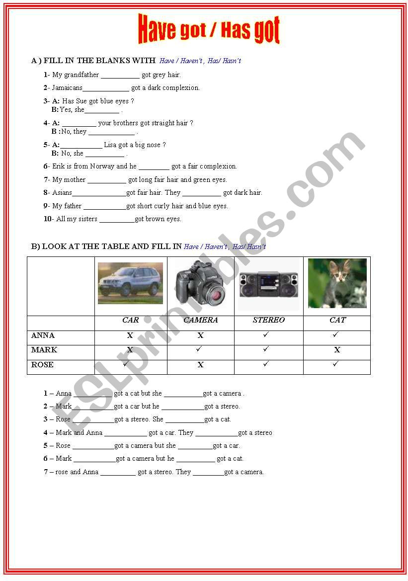 Have got / Has got worksheet