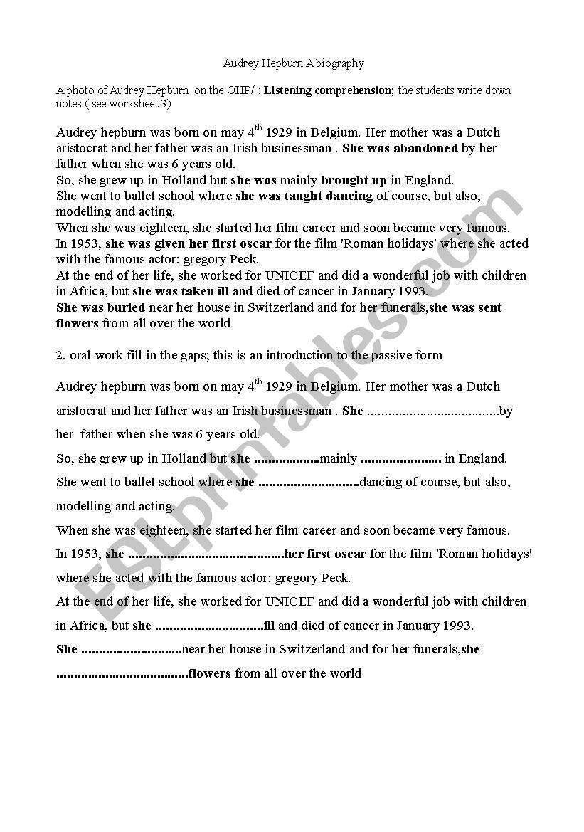 Audrey Hepburn: a biography worksheet