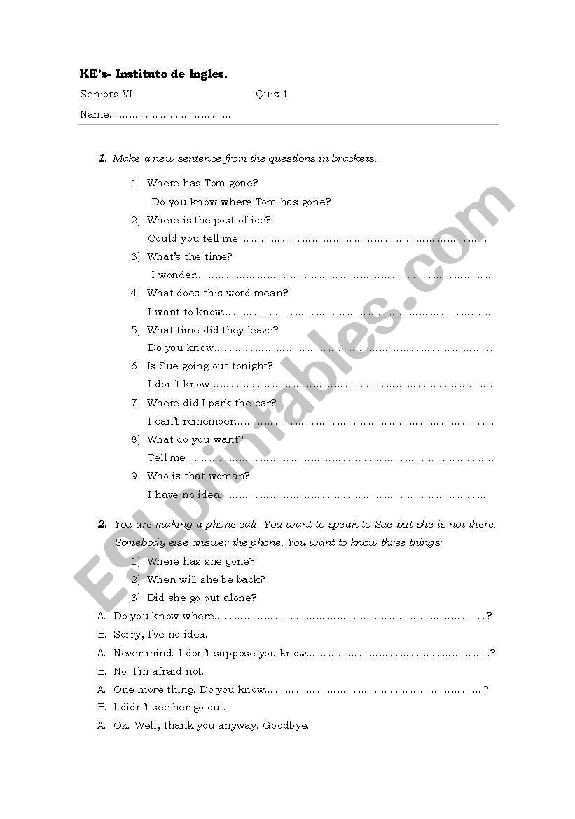 Indirect questions worksheet