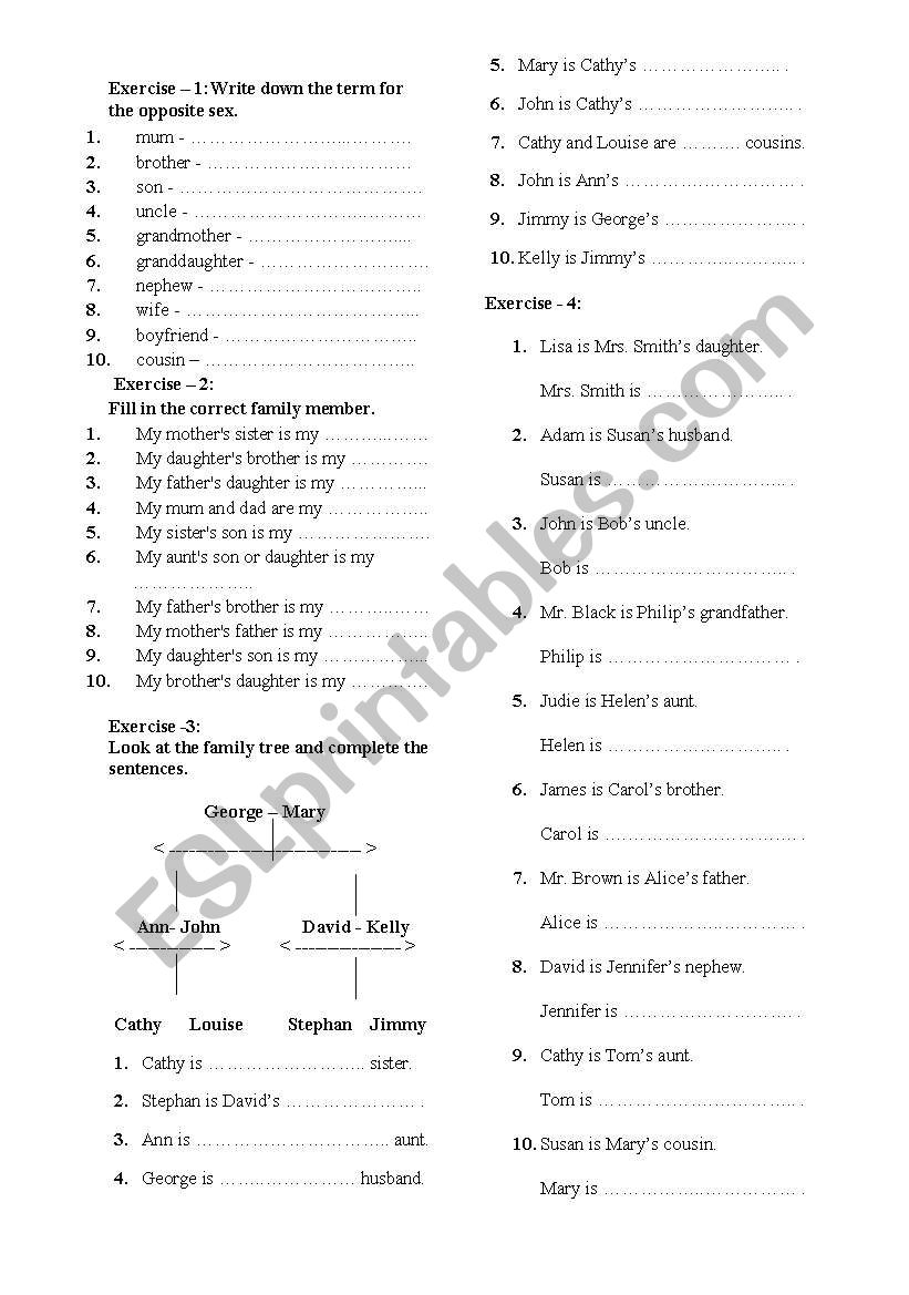 Exercise on Family Members worksheet