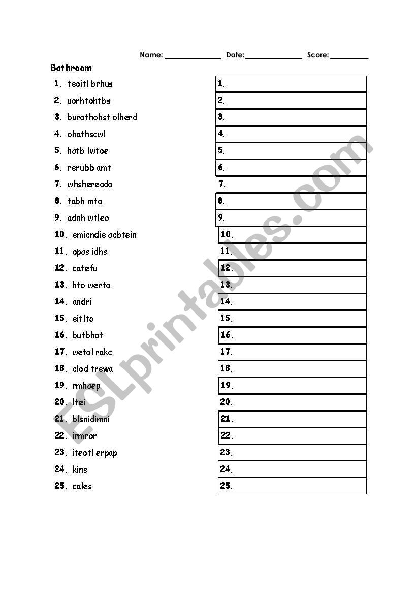 bathroom scramble worksheet