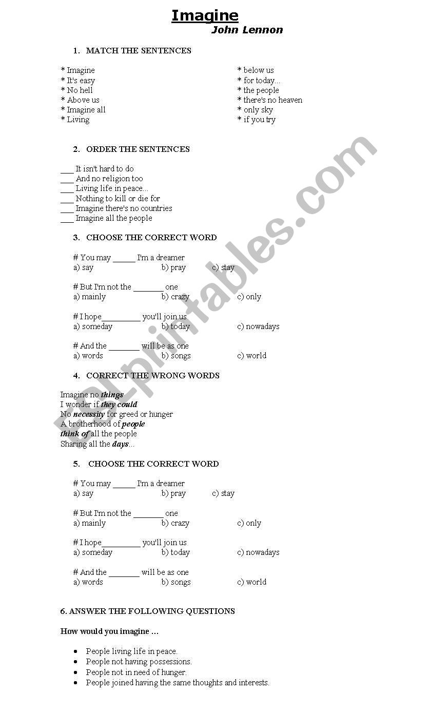 IMAGINE - JOHN LENNON worksheet