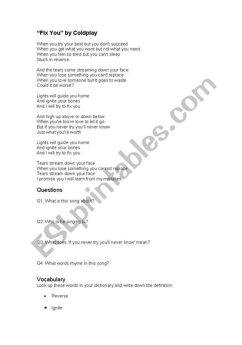 ESL through songs (Coldplay, Laura Nyro, Brandy)