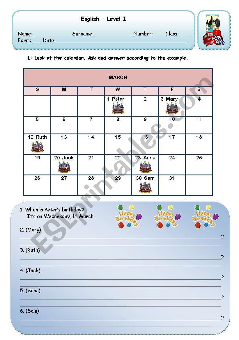 BIRTHDAYS worksheet