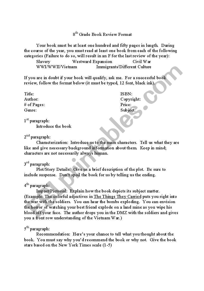 8th Grade Book Review Format worksheet