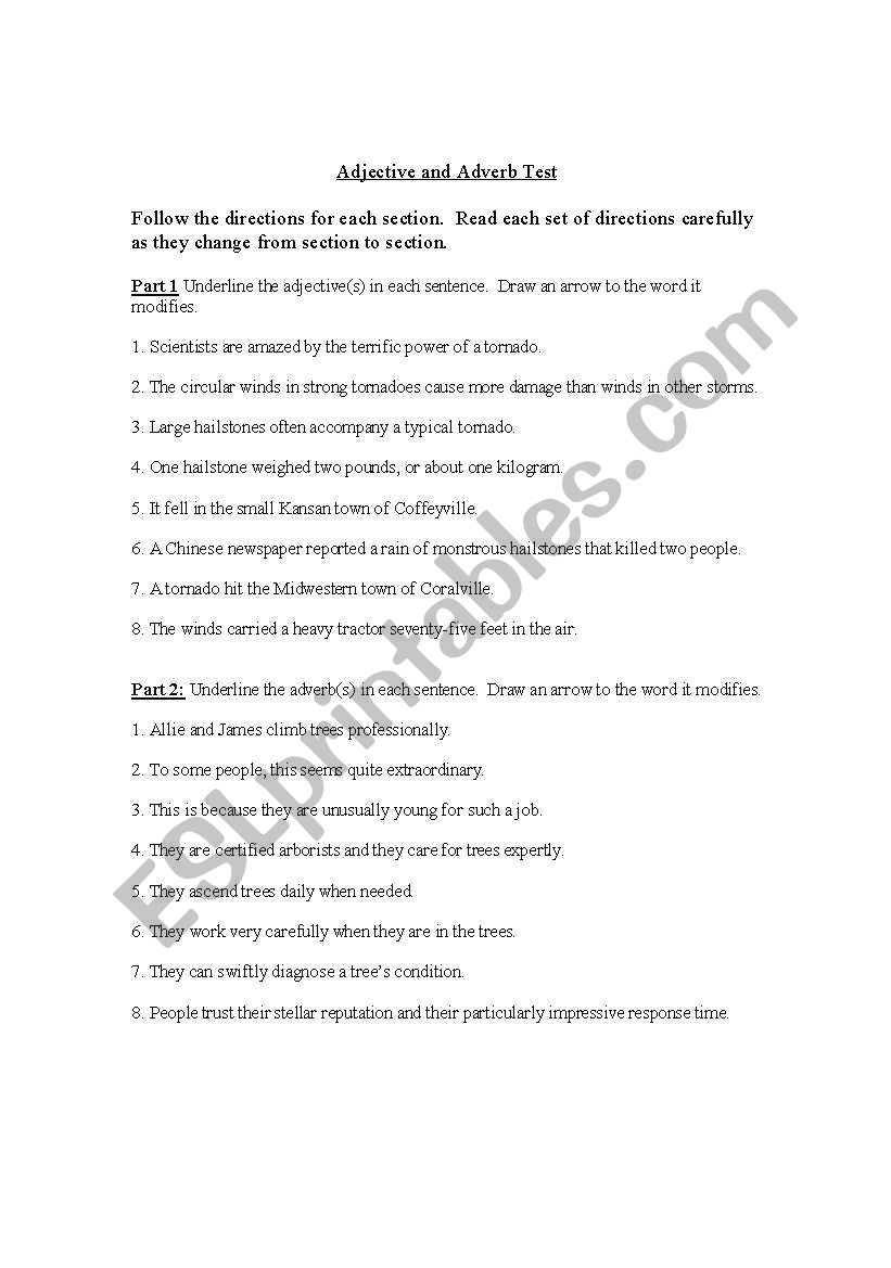 Adjective and Adverb Test worksheet