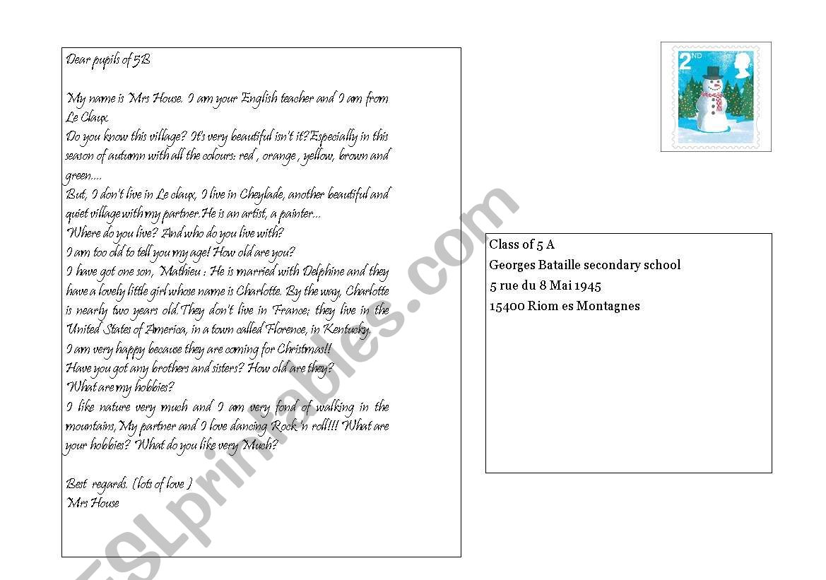  a postcard worksheet