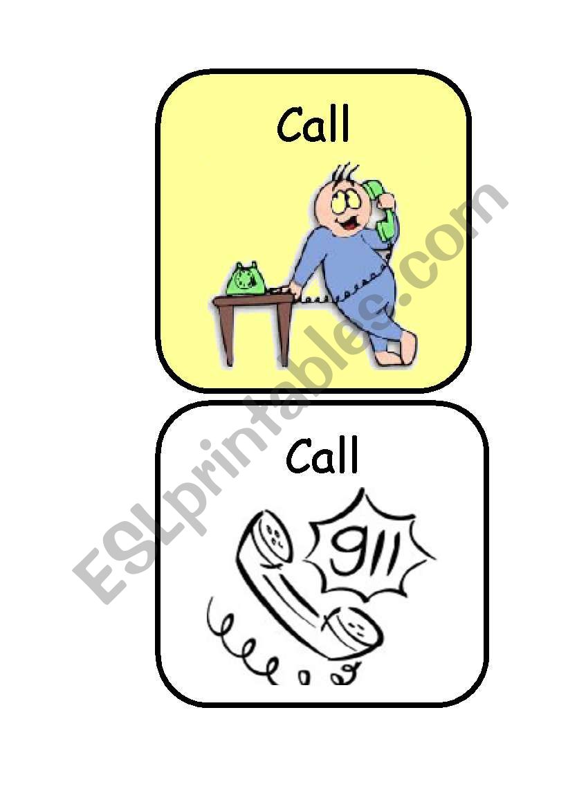 CALL, CLAP, CLEAN, CRY, COOK,CRY, DIVE - ACTIONS FLASHCARDS- COLOR AND B&W - SET 2/13 
