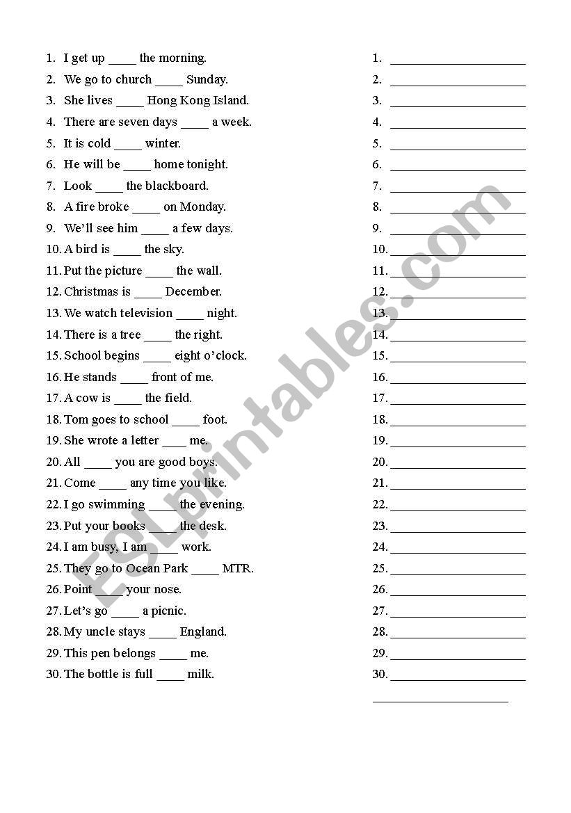 Preposition worksheet