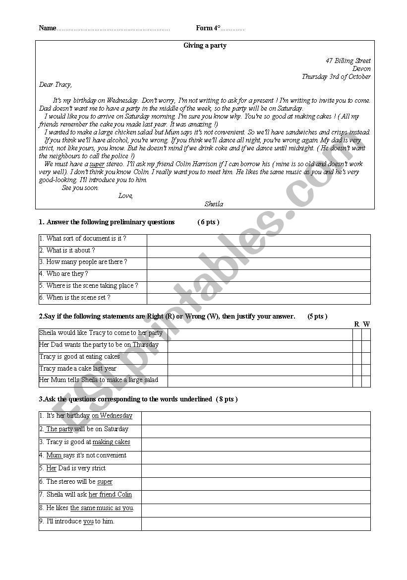 TEST reading skill level A2 worksheet