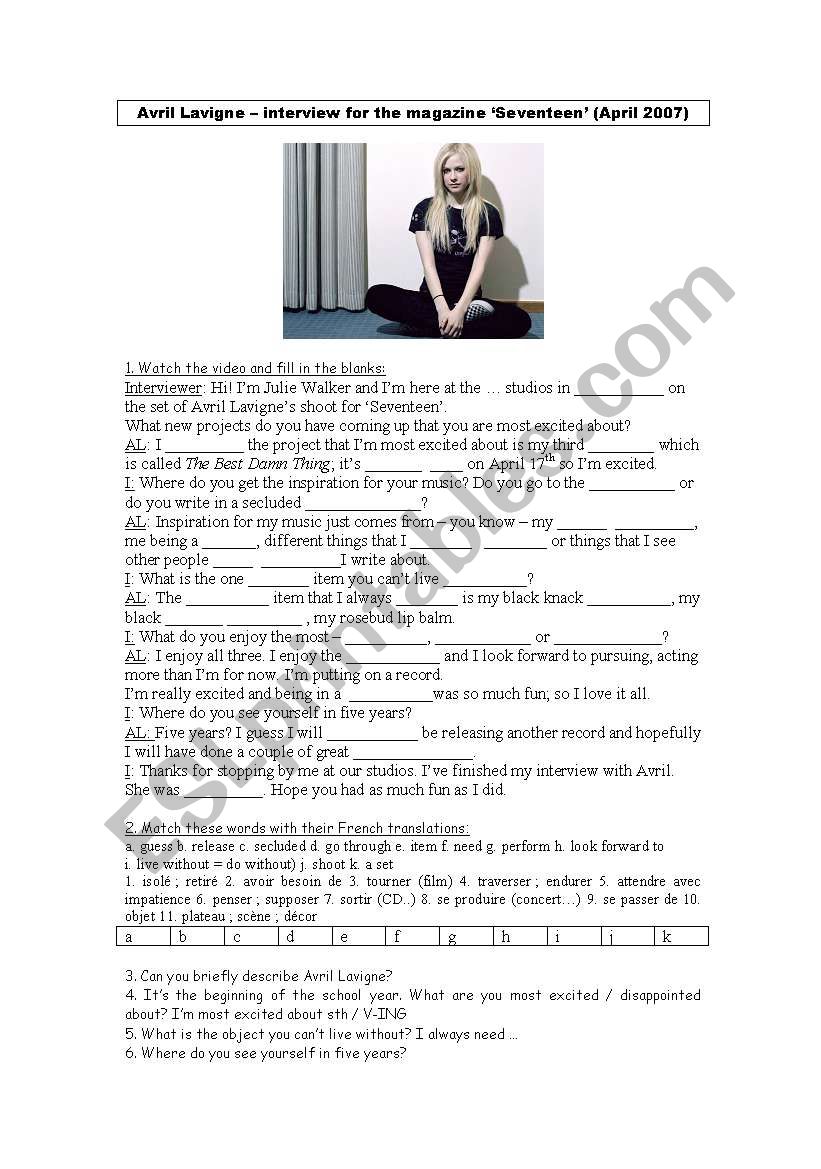 Avril Lavignes interview worksheet