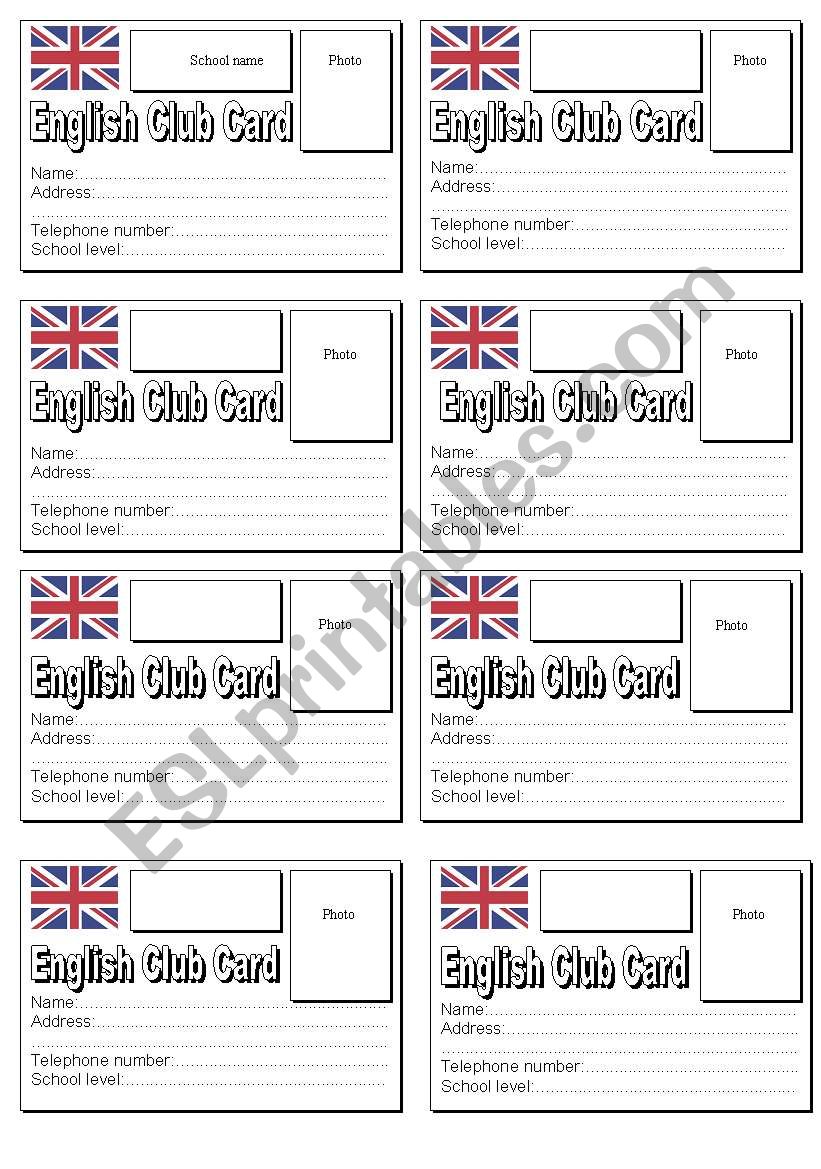 English Club Card worksheet