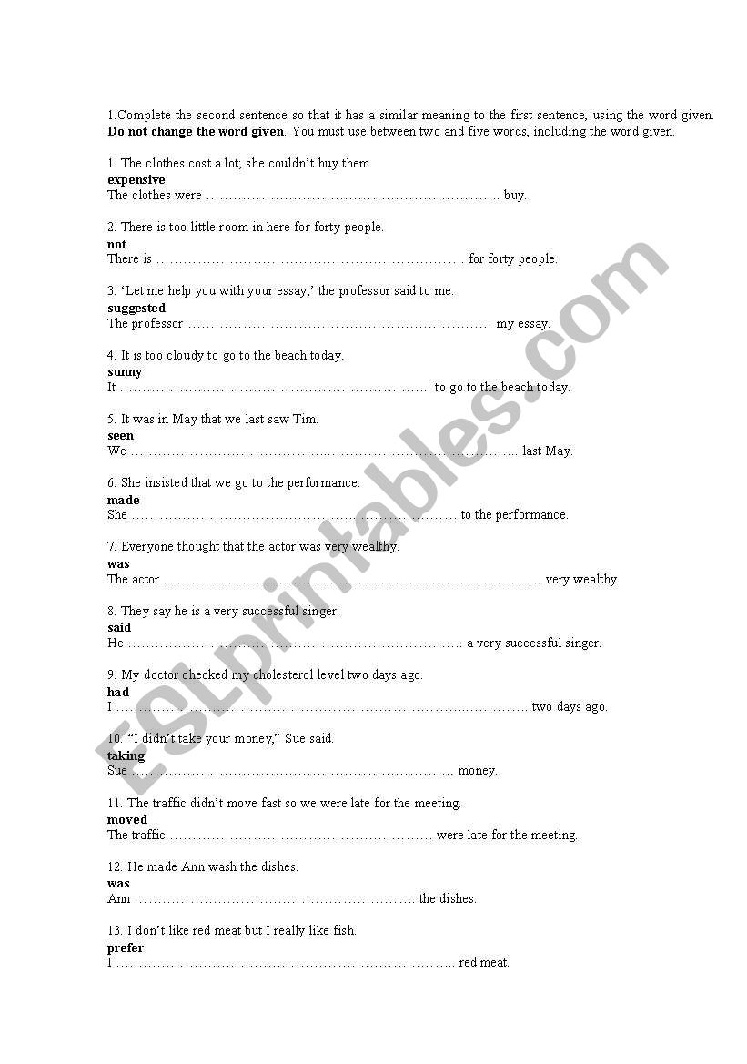 Key Word Transformation (worksheet 2)