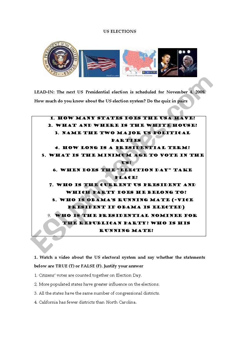 US ELECTIONS worksheet