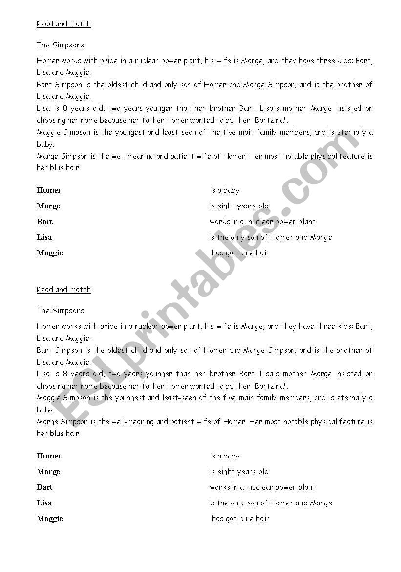 Read and match worksheet