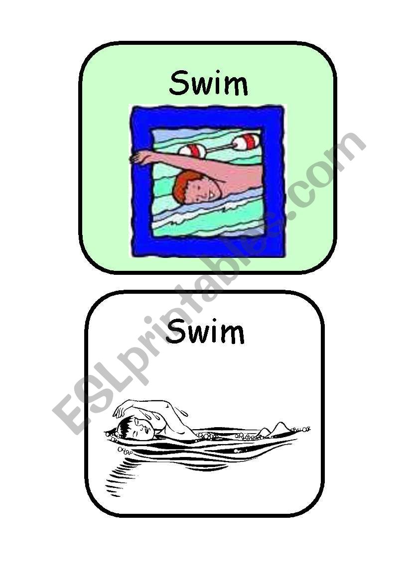 SWIM - ACTIONS FLASHCARDS COLOR AND B&W - SET 8/13