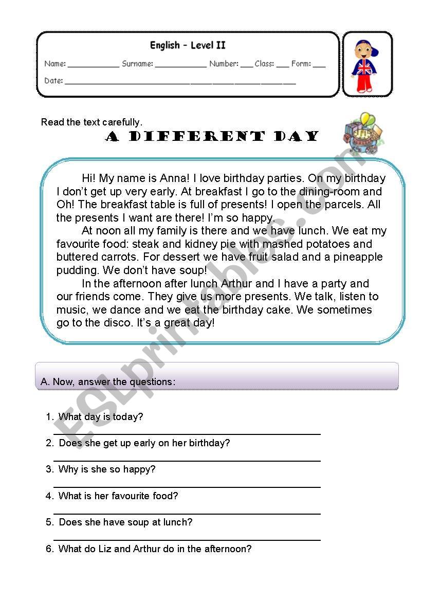 A Different Day worksheet