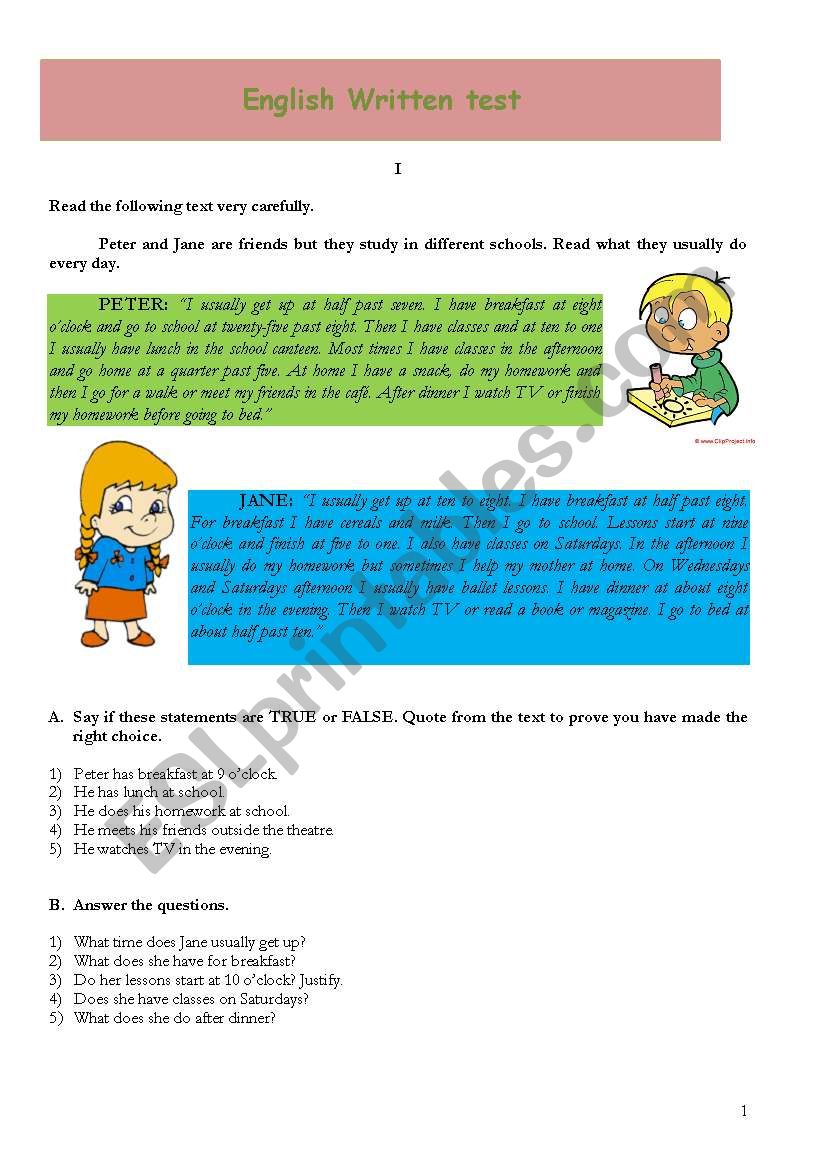 Peter and Jane´s daily routine - ESL worksheet by Ana B