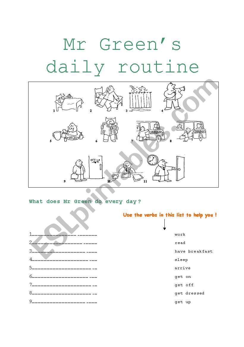 Mr Greens daily routine worksheet