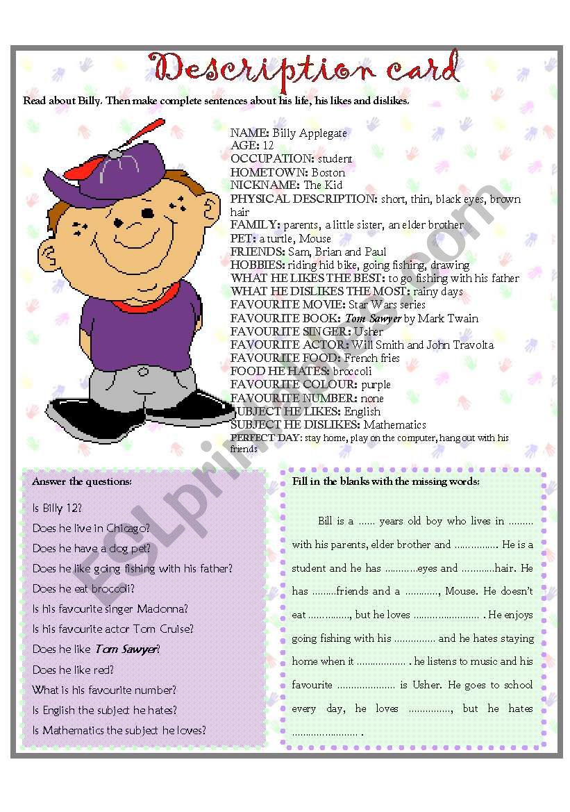 DESCRIPTION CARD worksheet