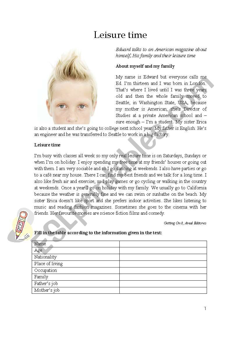 leisure time worksheet