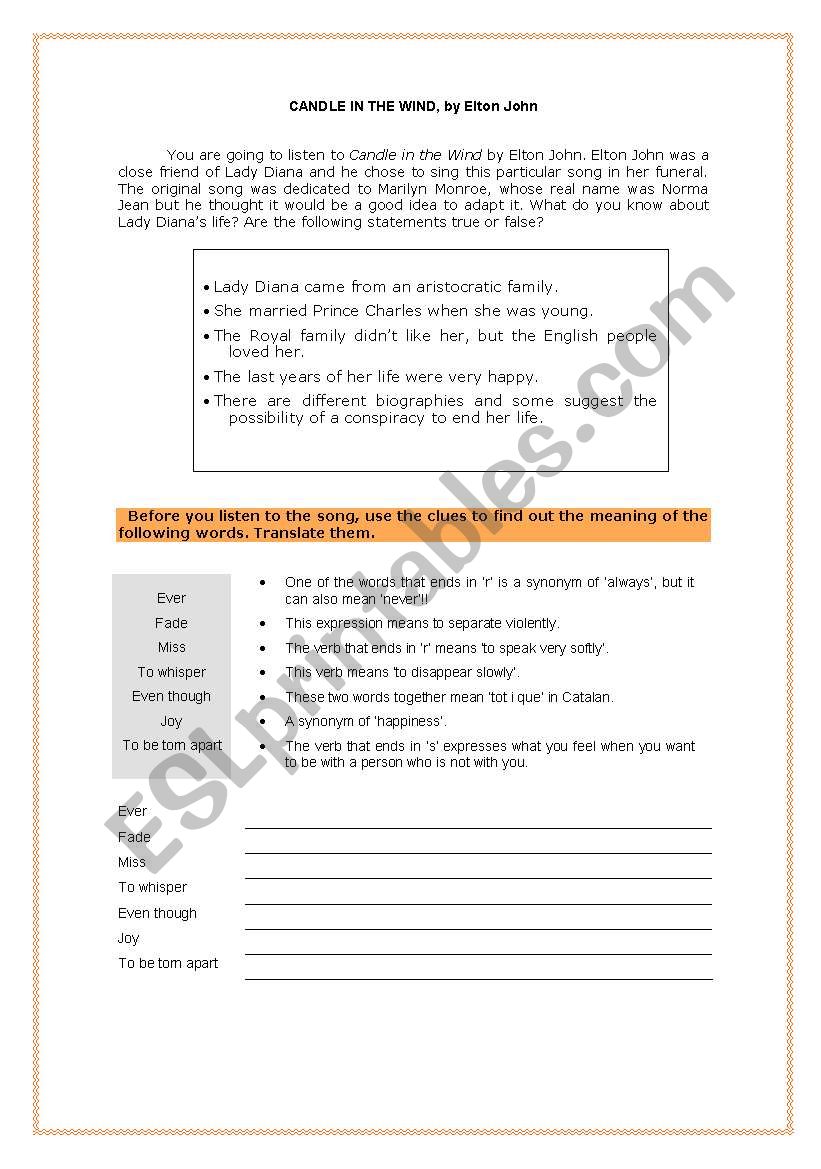 Candle in the wind worksheet