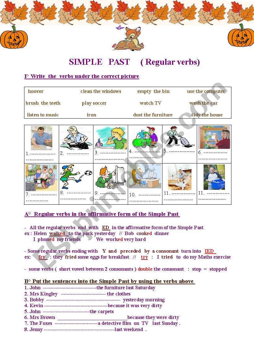 Simple Past of regular verbs : easy  , colourful and very useful exercises 