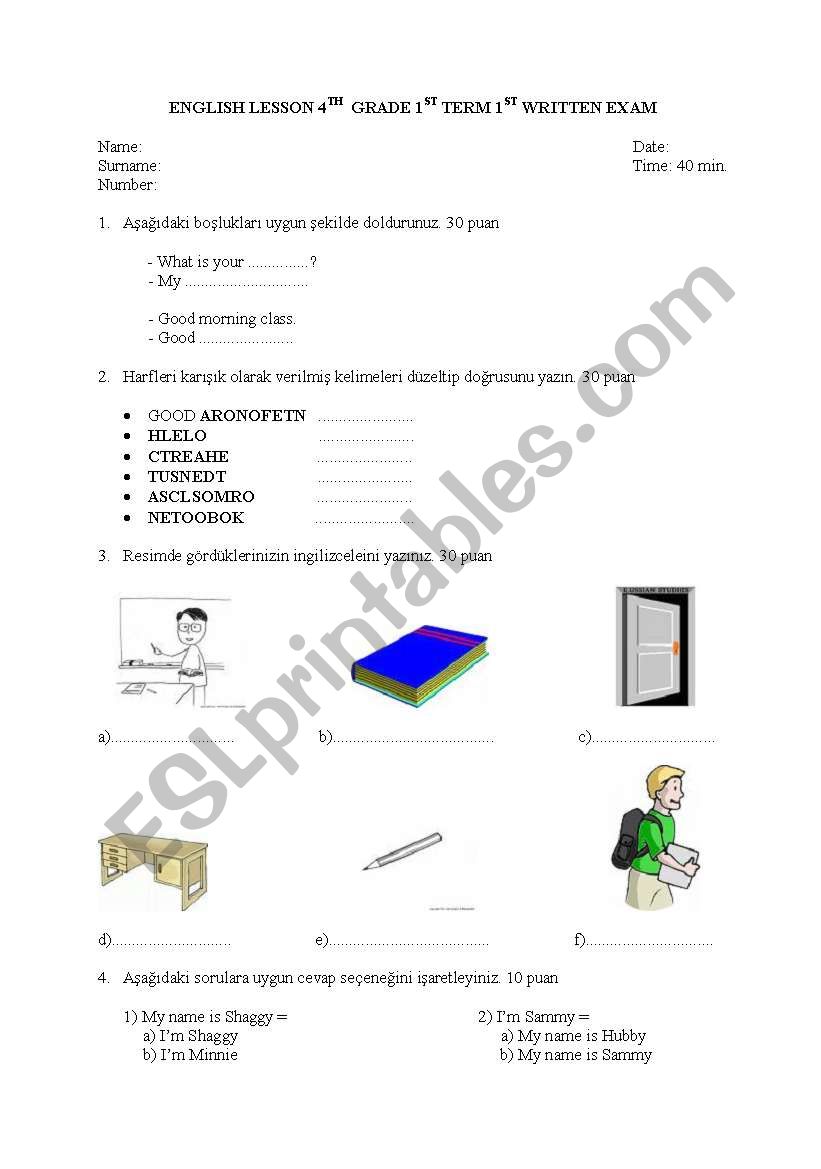 EXAM FOR CLASS 4 worksheet