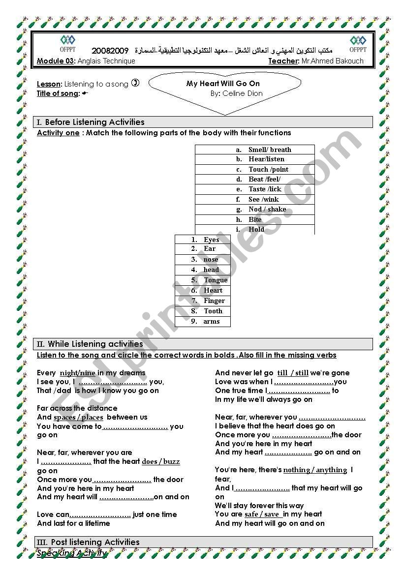 song: My heart will go on worksheet