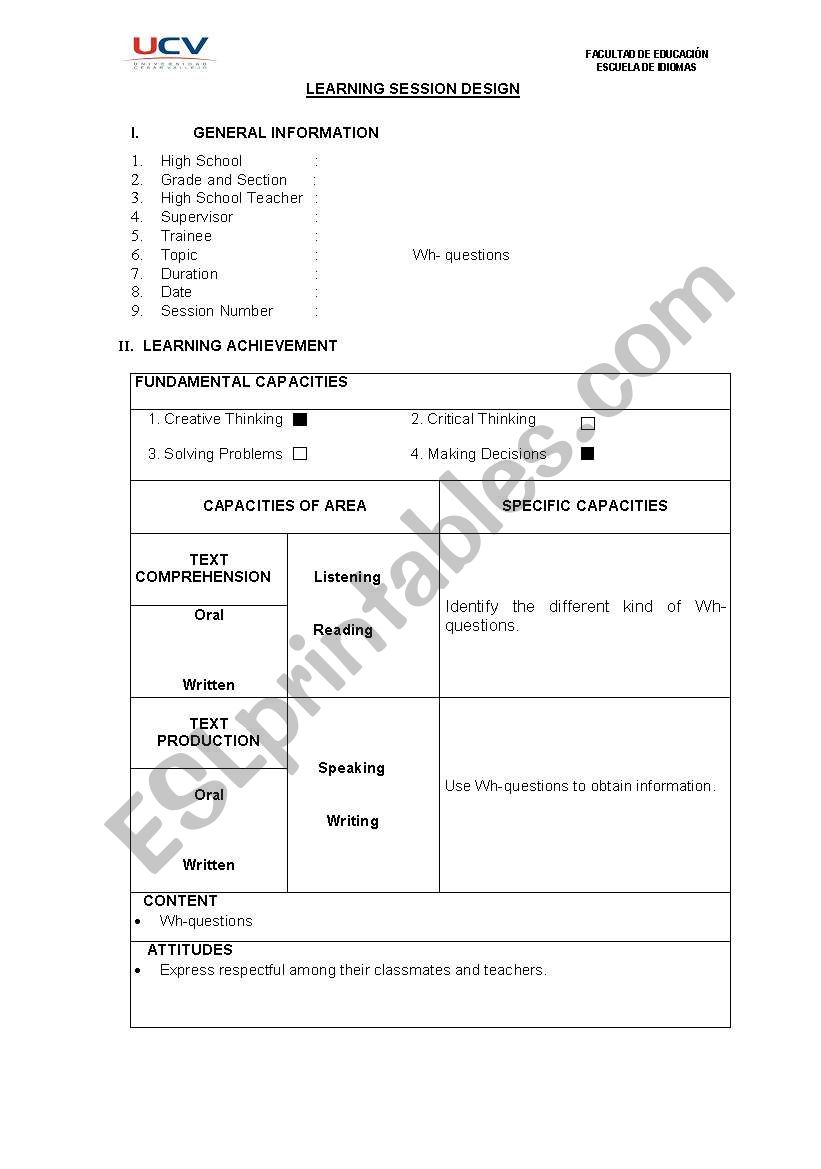 Wh- questions worksheet