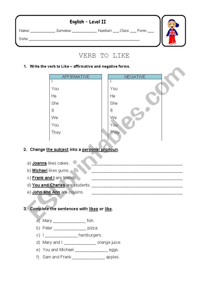 Verb to Like worksheet