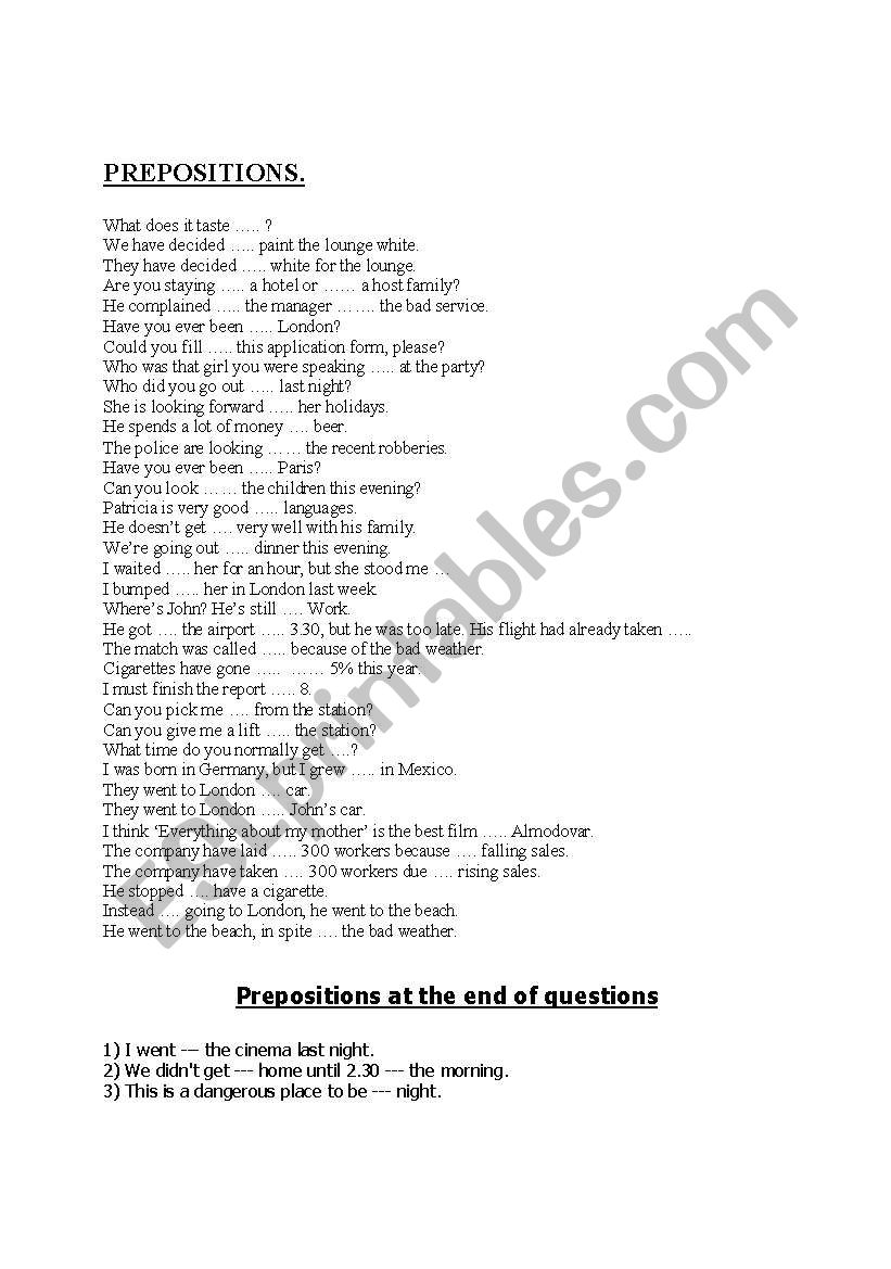 prepositions worksheet