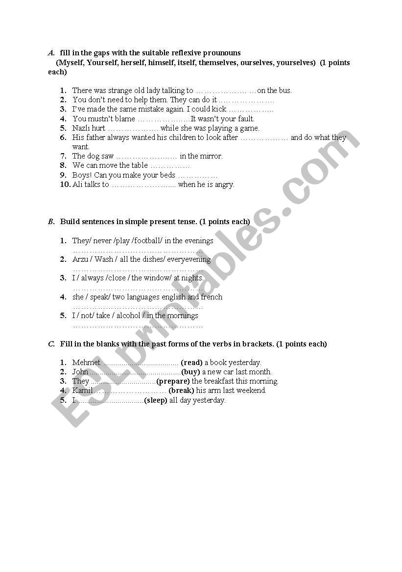 reflexive pronouns worksheet