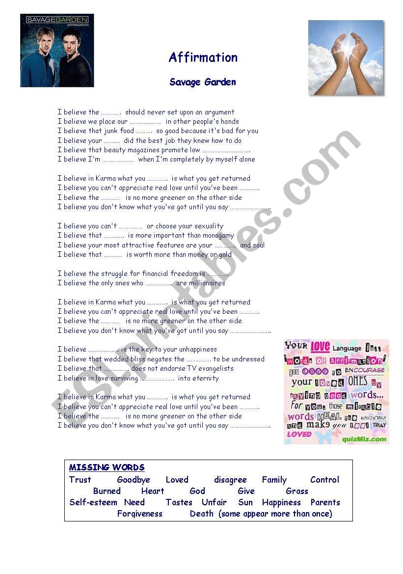 Affirmation Savage Garden worksheet