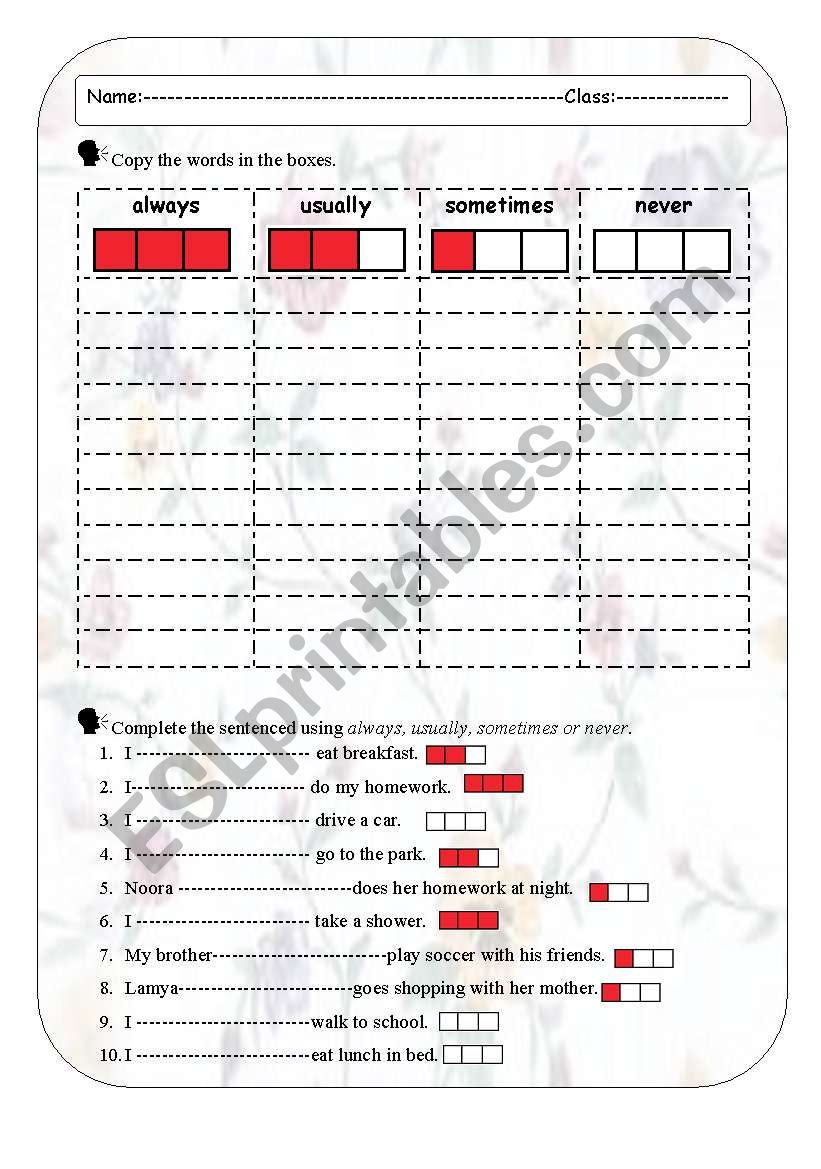 Frequency adverbs worksheet