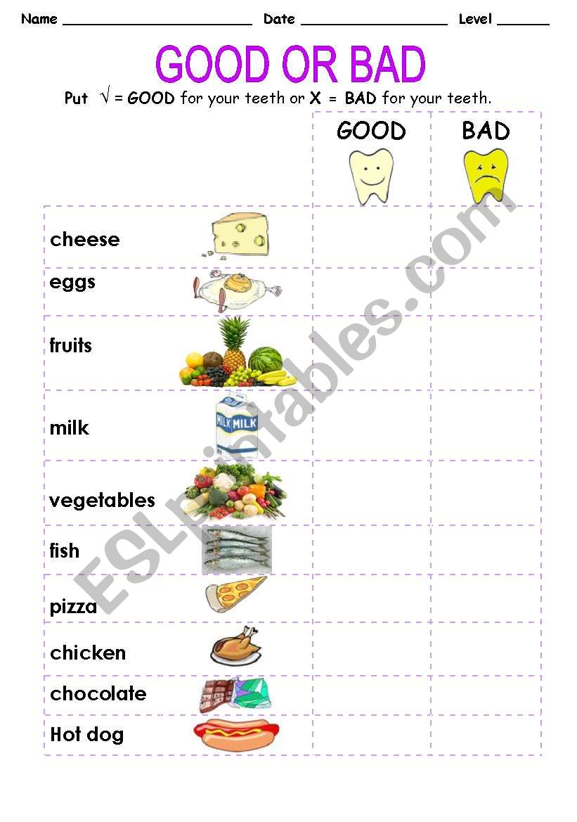 GOOD or BAD for your teeth.  worksheet