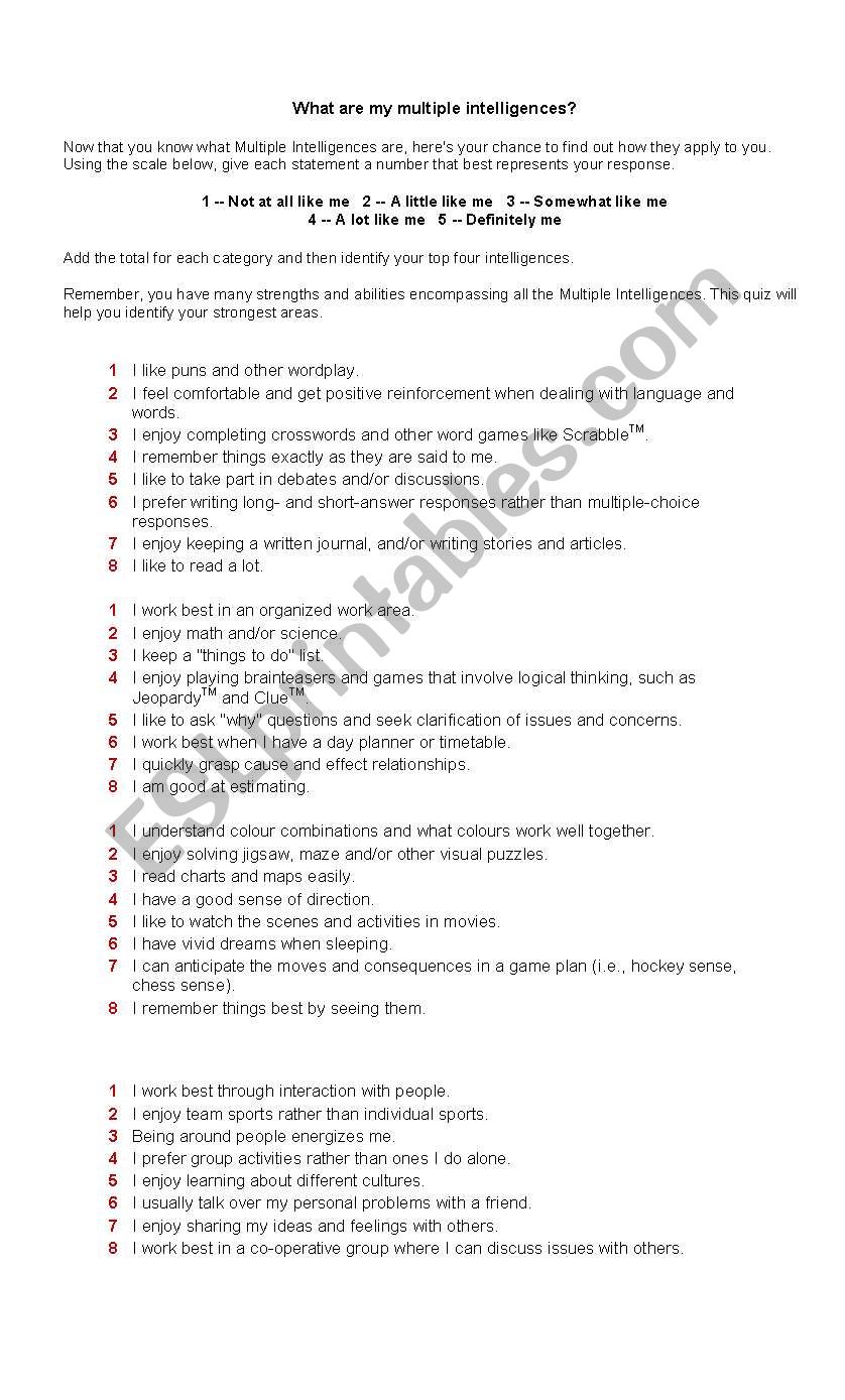 Multiple Intelligences Test worksheet