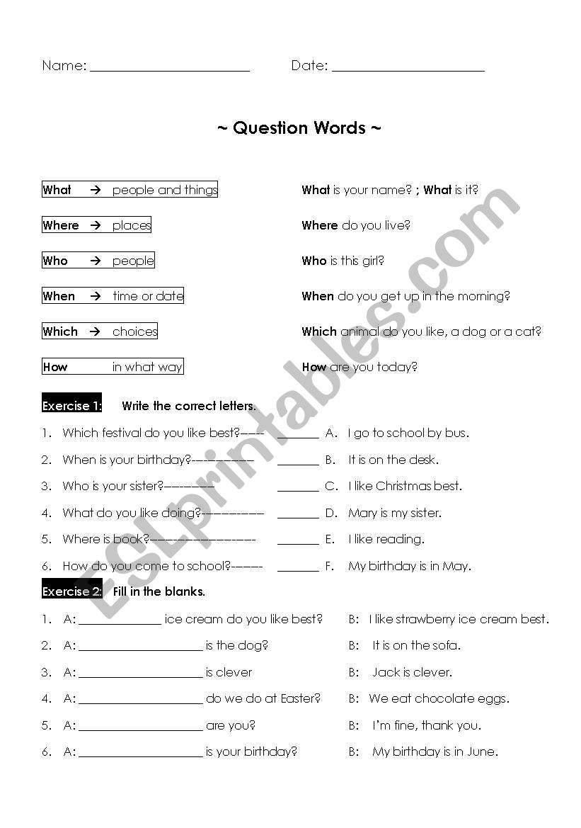 Question Words worksheet