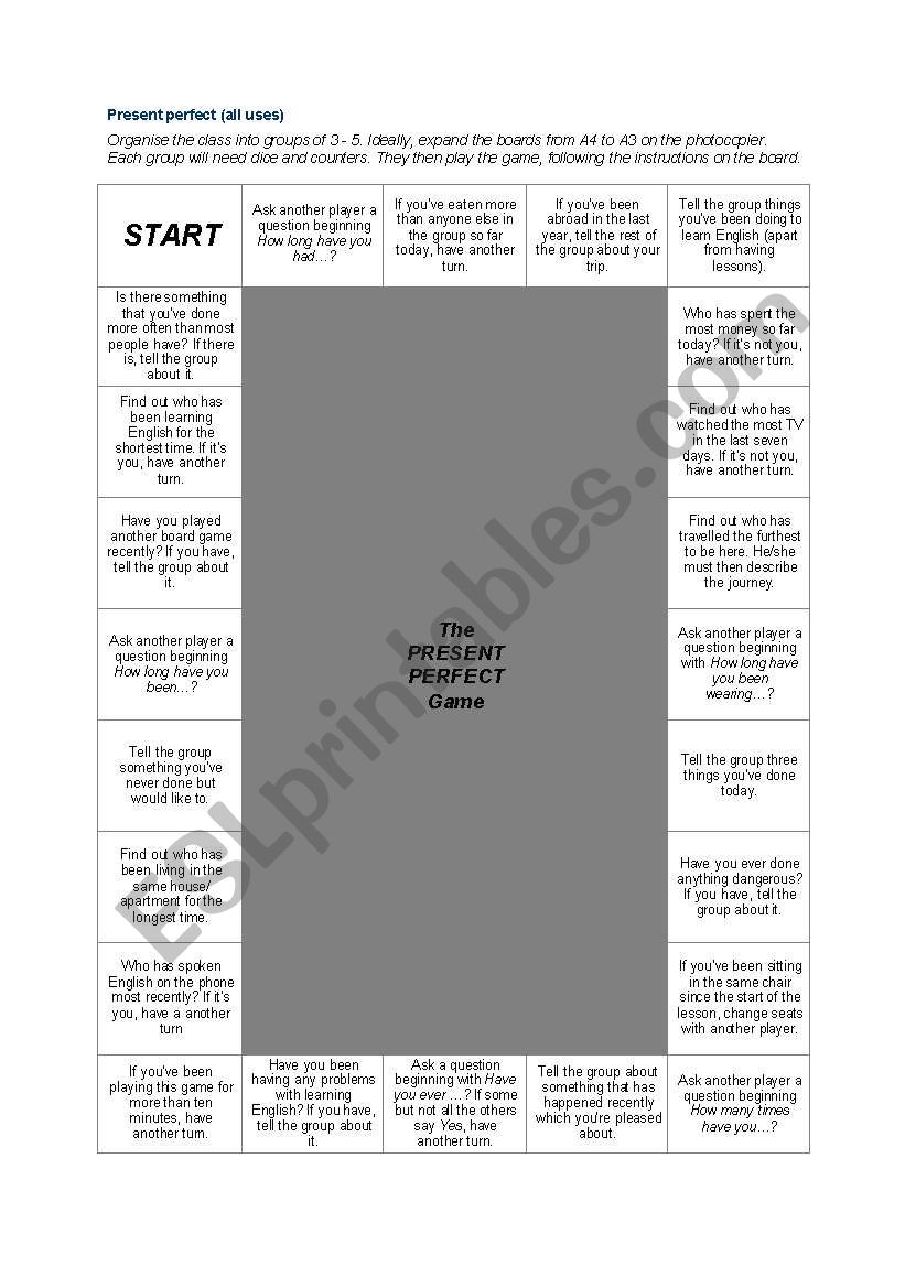 present perfect boardgame worksheet